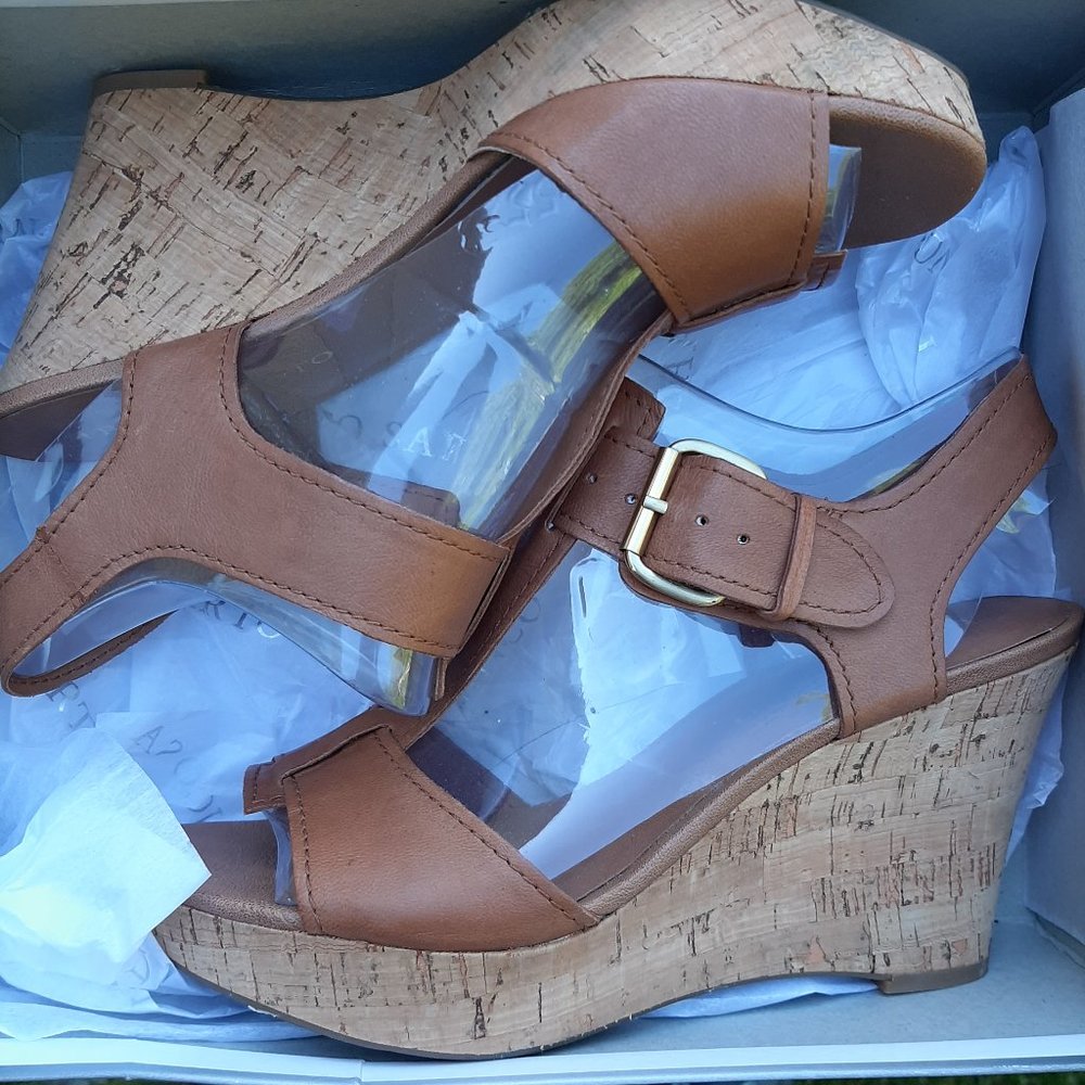 Brown Strappy Sandals with Cork Wedge Heel, Sz 10